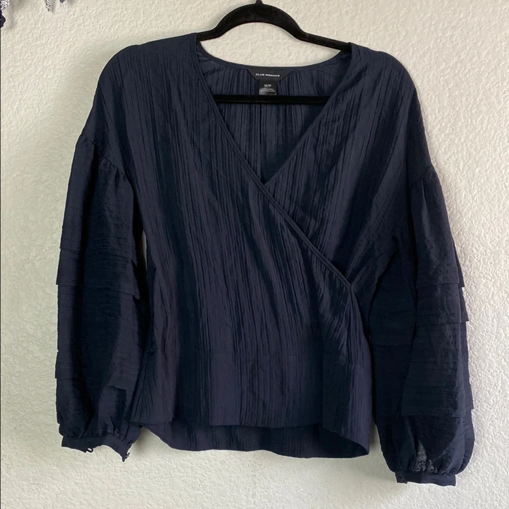 Club Monaco navy cross over front blouse - Picture 2 of 5
